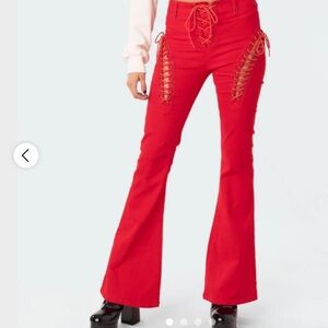 Edikted red lace up flare jeans NWT size XS